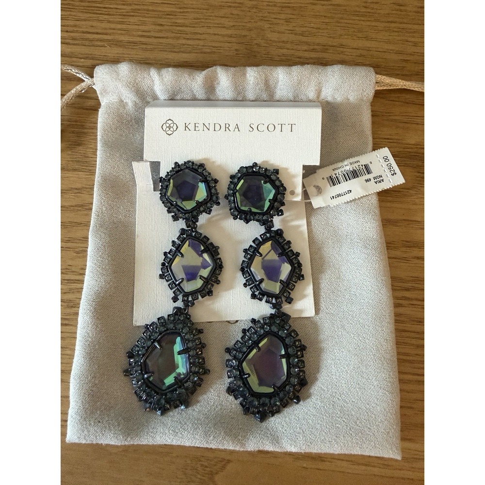 Kendra Scott Aria Drop Earrings Navy Gunmetal in Dichroic Glass NWT Clip On $250